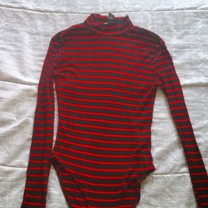Striped red and black body suit
